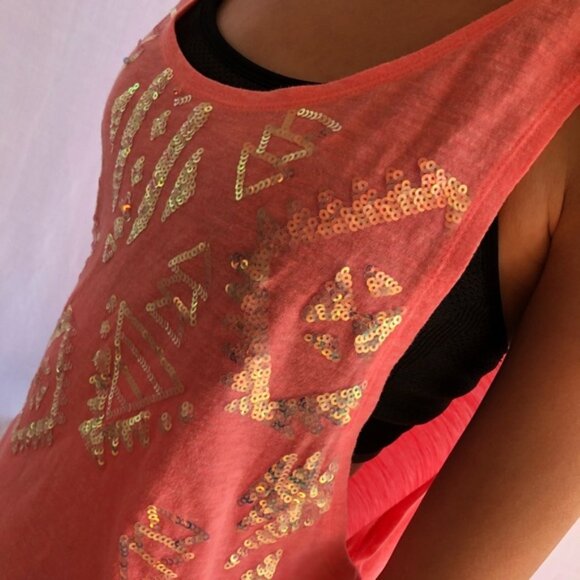 Victoria's Secret PINK | Coral Aztec Sequin Muscle Tee | Size Medium - Picture 1 of 9
